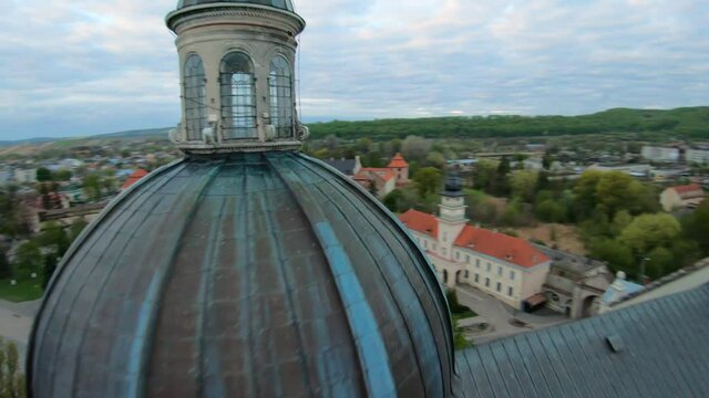 Aerial view of the historical center of Zhovkva, Lviv region, Ukraine. Shooting with FPV drone