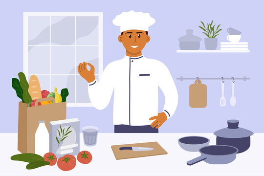 Man in kitchen preparing to cooking homemade meal. Young chef in uniform showing gesture delicious. Vegetable, knife, utensils, pack with food on table. Vector illustration for culinary blog, classes
