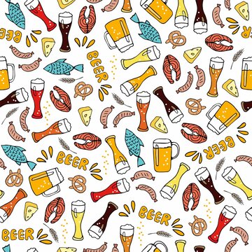 Beer festival. Cartoon hand drawn seamless pattern. Linear vector doodle on white background. Beer Mug, glass, Bavarian sausage, fish, cheese, pretzel, cone, Lettering. Oktoberfest