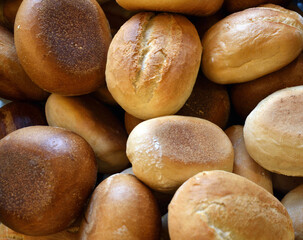 A big basket of German bread rolls. The view from the top
