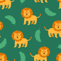 Tropical cute seamless pattern with wild animal lion and palm leaves. Scandinavian style. Vector illustration