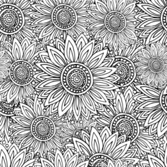 Seamless pattern with sunflowers. Coloring book for adults and children. Background image. Flowers for meditative coloring.