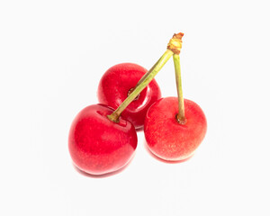Three red juicy sweet cherries with pits on a white isolated background close-up