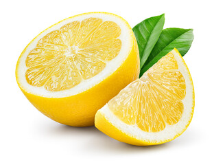 Lemon fruit with leaf isolate. Lemon half, slice, leaves on white. Lemon slices with zest isolated....