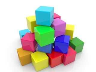 Composite pyramid of different colored toy blocks on white