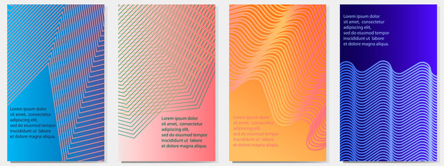 A set of four colorful backgrounds. Geometric ornament on a colored gradient field. Vector striped design. Example of design of a poster, postcard, business card, banner, leaflets, covers.
