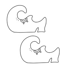 Linear black and white hand drawn in doodle style cartoon vector illustration of witch's shoes, simple drawing for autumn holidays celebration design