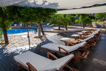 Beautiful view with a swimming pool and trees. Sunbeds near the pool.