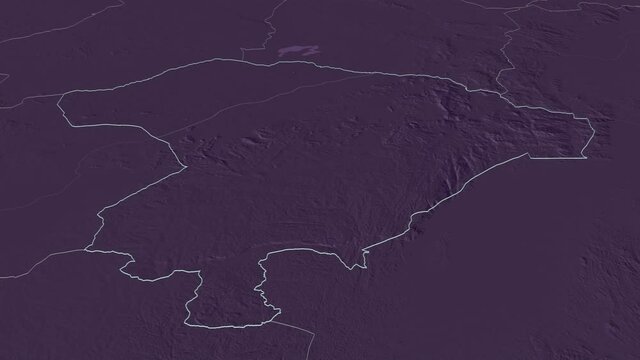 Iringa, region with its capital, zoomed and extruded on the administrative map of Tanzania in the conformal Stereographic projection. Animation 3D