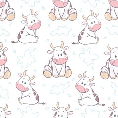 Doodle cartoon cows seamless pattern. Vector background.