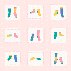 Vector illustration of nine pairs of colorful socks. Different socks in pair. Hearts on pink background.