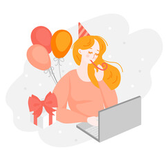 Online Birthday party. Lonly cartoon girl celebrate anniversary. Woman character during quarantine. Concept of loneliness