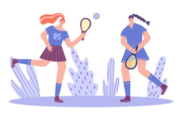 Two women in sportswear play tennis. Vector illustration.