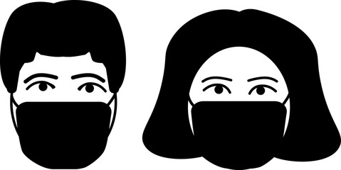 icons of a masked man and woman, black and white image on an isolated background,face a man and a woman in a medical mask