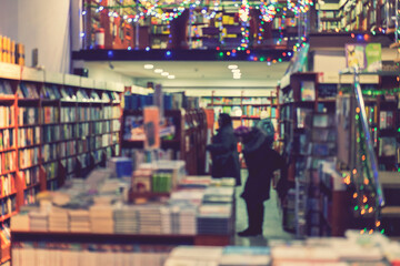 Abstract blur people shopping in book exhibition fair, knowledge and education concept. blury. toned