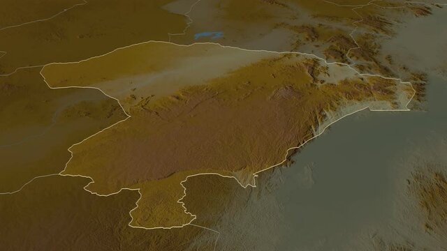 Iringa, region with its capital, zoomed and extruded on the relief map of Tanzania in the conformal Stereographic projection. Animation 3D