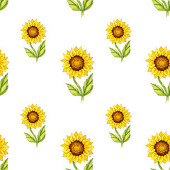Seamless patterns with bright sunflowers on a white background. These images are suitable for creating home textiles, wallpapers, backgrounds and decor.