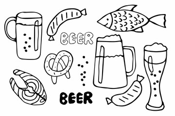 Cartoon hand drawn Beer fest set. Black linear vector doodle on white background. Beer Mug, glass, Bavarian sausage, fish, pretzel, Lettering. Oktoberfest festival. Monochrome illustration