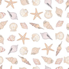 Seashell seamless pattern. Scallop vector background.