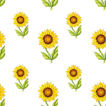 Seamless patterns with bright sunflowers on a white background. These images are suitable for creating home textiles, wallpapers, backgrounds and decor.