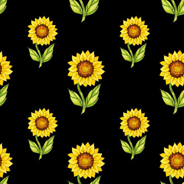 Seamless patterns with bright sunflowers on a black background. These images are suitable for creating home textiles, wallpapers, backgrounds and decor.