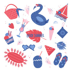 Summer concept. Cute summer items such as glasses, ice cream, cocktails, ship, flamingos, strawberries. Vector illustration on a white background in cartoon style.