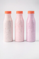 food photography of clean white sterile three plastic bottle of natural pink fruit and berry dairy products close-up on a light gray background isolated