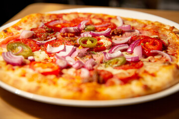Spicy pizza close up with out of focus elements