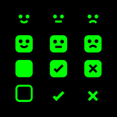 green glowing icon emotions face, emotional symbol and approval check sign button, fluorescent emotions faces and checkmark x or confirm and deny, button glowing flat for apps, icons checkmark shining