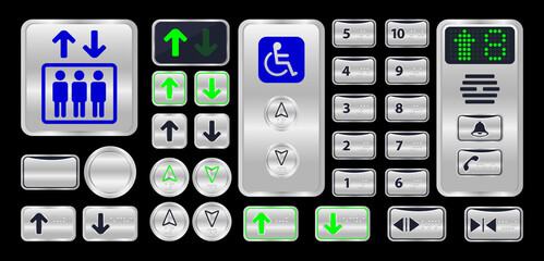 elevator button with braille sign isolated on black, silver metal elevator logo modern, set of elevator button steel symbol with number braille, control panel of elevator internal and braille language © cgdeaw