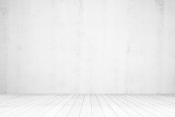 White Grunge Stucco Room with Wooden Floor Background, Suitable for Presentation, Mock up, and Backdrop.