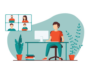 A young man is talking with colleagues using a video call. Concept of online conference from home. Remote work, webinar, freelance or distance learning. Vector illustration in a flat style.