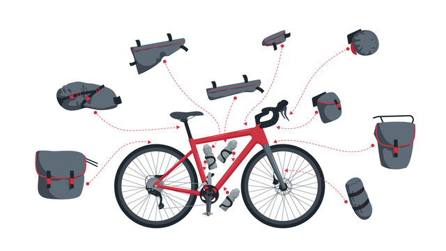 Set of vector illustrations of bags for a tourist bike.Kit of bikepacking bags. Touring bike, gravel bike. A saddle bag, a frame bag, a handlebar bag, a bag on the front and rear trunk. Bicycle bottle
