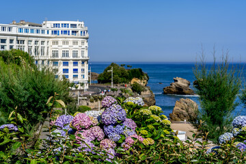 Soft focus. Beautiful Biarritz Atlantic ocean beach city. City skyscraper, downtown. Vacation, holiday. Scenic travel background. View scene.