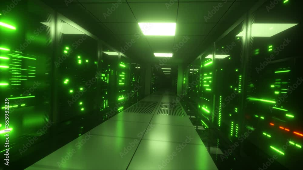 Poster endless flight along server blocks. data center and internet. server rooms with working flickering p