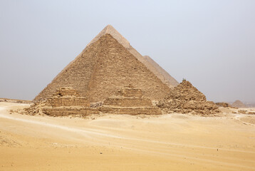 The pyramids of Giza; the Menkaure, the Khafre and the Great Pyramid