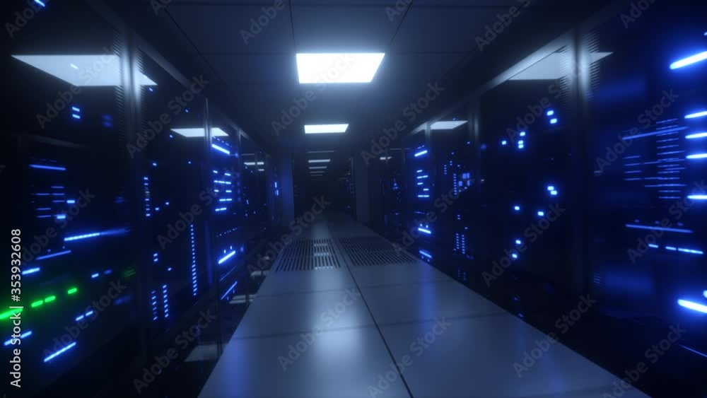 Poster endless flight along server blocks. data center and internet. server rooms with working flickering p
