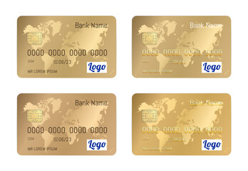Realistic detailed credit gold cards set isolated on white background. Vector Gold bank card with world map illustration.