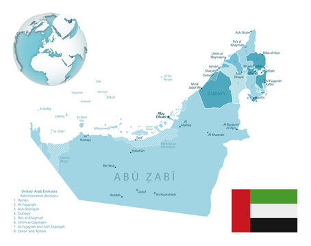 United Arab Emirates administrative blue-green map with country flag and location on a globe.