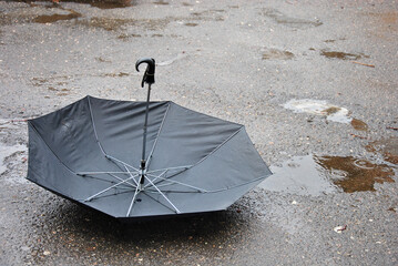 open black umbrella upside down lies on wet asphalt