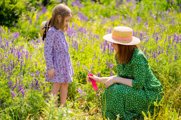 mom spray treatment daughter means from mosquitoes and ticks for walk in field. 