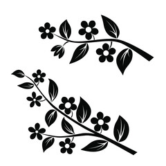 Vector silhouettes of the branch of Apple or cherry trees with flowers, black color, isolated on white background