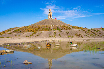 Landmark at Halde Rheinelbe in Gelsenkirchen Ruhrgebiet in Germany with ducks in the front
