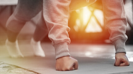 Woman doing push up exercise, workout at home to stay healthy, bodyweight training for fat burning...