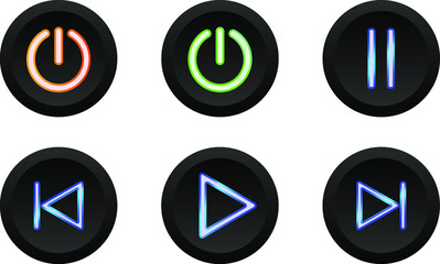 Set of vector modern icons on a white background. Black power button with red and green backlight. UI Elements Navigation menu Media Icons Musical Buttons Real buttons Audio and video control elements
