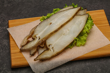 Delicous smoked halibut slices snack