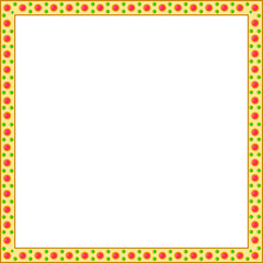 Square gold frame with red and green gemstones.