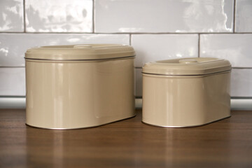 Boxes with stickers for storage in the kitchen. BERALIH A set of cans. Food containers. Order in the house. Beige and brown. cereals. . High quality photo