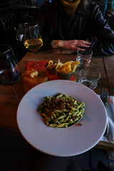 Dinner for two. Pasta and wine