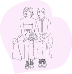 loving couple girl and boy at their wedding. A girl in a wedding dress with a bouquet of flowers. The concept of love and family values. Vector illustration.